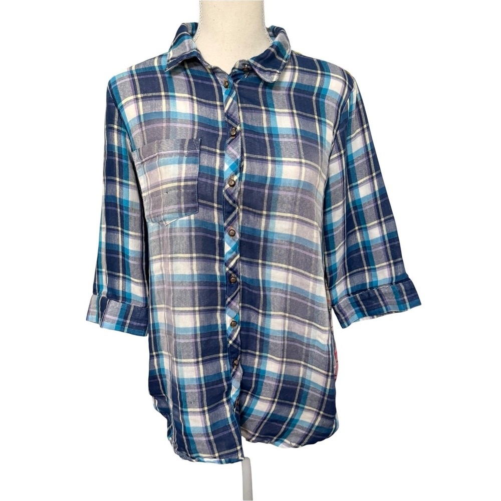 Soft Surroundings Floral Embroidered Mesh Back Plaid Button Down Shirt Blue S - Picture 2 of 6